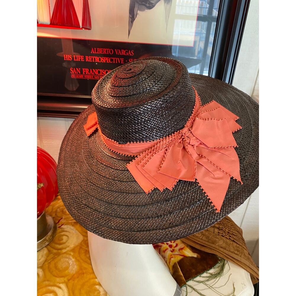 vintage 1940s black straw wide brim hat cartwheel 40s fashion coral ribbon